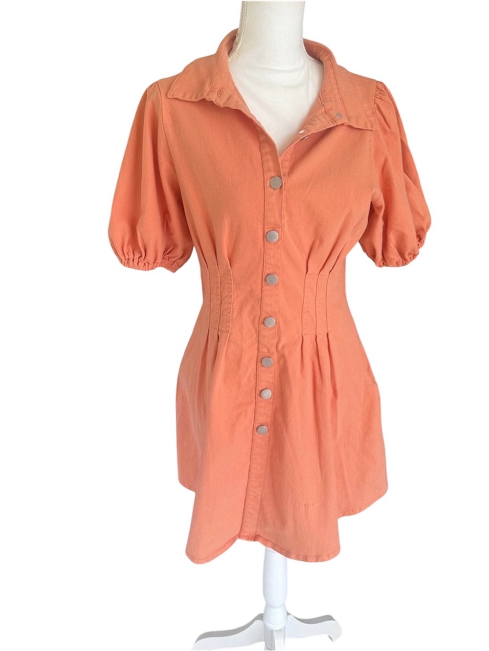 INDI LUXE brushed cotton mini dress casual puff sleeve womens Large